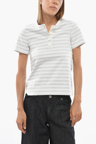 Two-Tone Striped Henley T-Shirt with Decorative Buttons