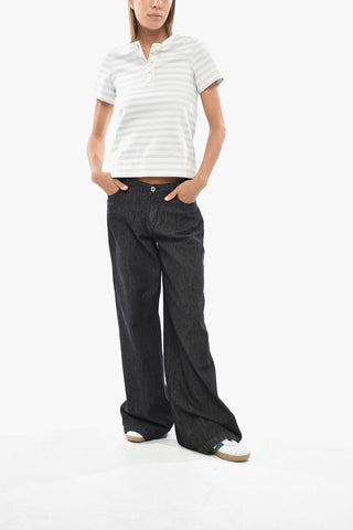 Two-Tone Striped Henley T-Shirt with Decorative Buttons
