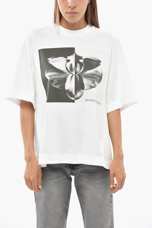 T-Shirt Girocollo in Jersey di Cotone con Stampa Orchidea