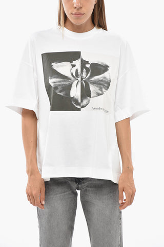 T-Shirt Girocollo in Jersey di Cotone con Stampa Orchidea