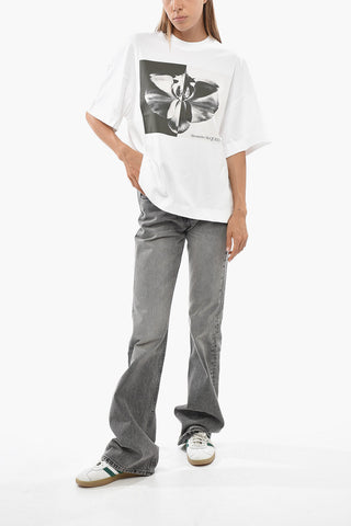 T-Shirt Girocollo in Jersey di Cotone con Stampa Orchidea
