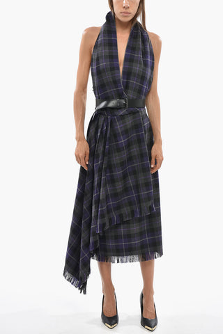 Asymmetric Virgin Wool Checked Dress With Fringe