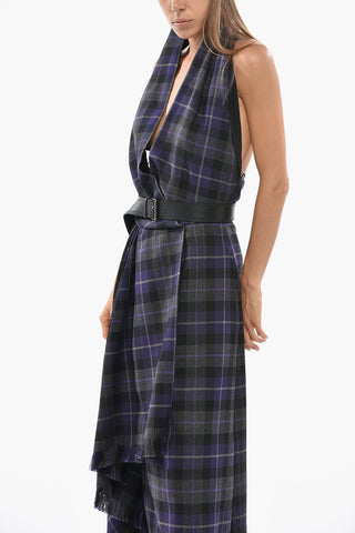 Asymmetric Virgin Wool Checked Dress With Fringe