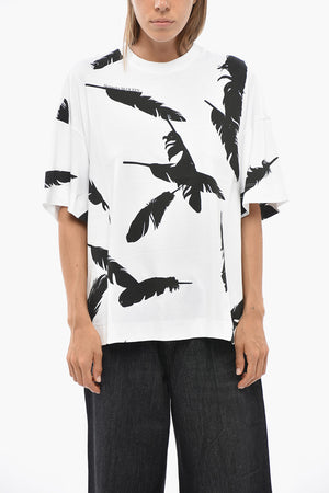 T-Shirt Girocollo in Jersey di Cotone con Stampa Piume