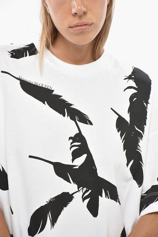 Cotton Jersey Crewneck T-Shirt with Feather Print