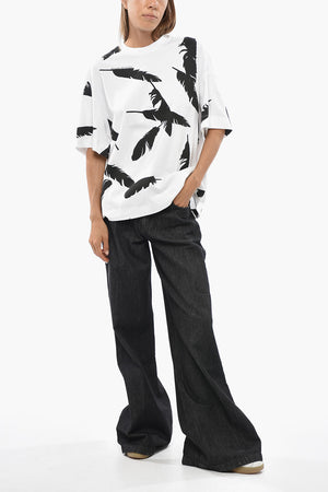 T-Shirt Girocollo in Jersey di Cotone con Stampa Piume