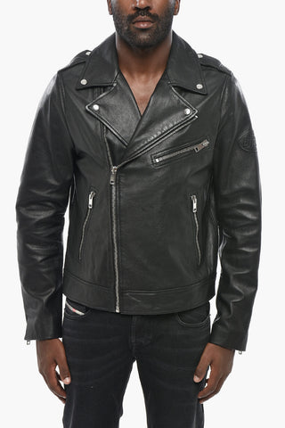 Leather Biker Jacket L-GARRETT-R-NEW with Silver-effect Buttons