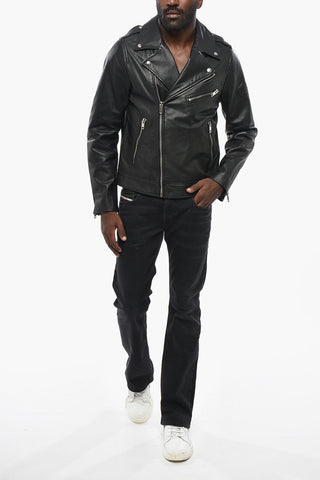 Leather Biker Jacket L-GARRETT-R-NEW with Silver-effect Buttons