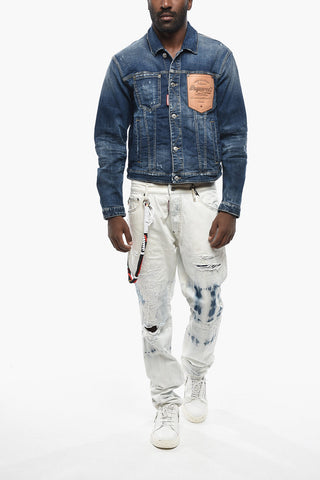 Distressed Denim Jacket with Logo Buttons