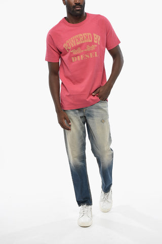 Cotton Crewneck T-shirt T-RUST with Raised and Velour Detailing