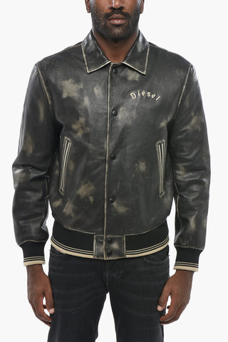 Acid-Wash Effect Leather Jacket NEW-LAKER-LE With Snap Buttons