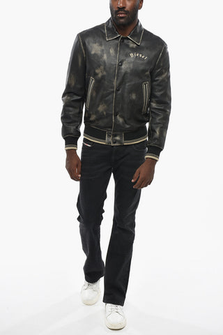 Acid-Wash Effect Leather Jacket NEW-LAKER-LE With Snap Buttons