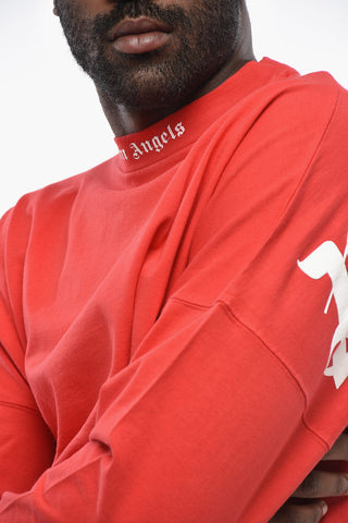 T-shirt Girocollo in Cotone a Maniche lunghe con Collo Logato