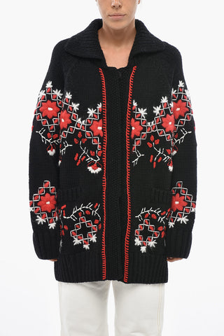 Gestickter Maxi-Cardigan aus reiner Wolle