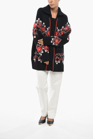 Gestickter Maxi-Cardigan aus reiner Wolle