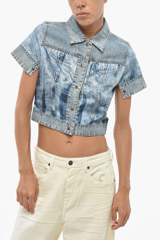 Cropped Short-Sleeve Printed Shirt C-SHIRIN With Denim Inserts