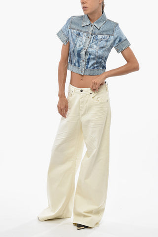Cropped Short-Sleeve Printed Shirt C-SHIRIN With Denim Inserts