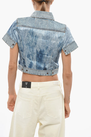 Cropped Short-Sleeve Printed Shirt C-SHIRIN With Denim Inserts