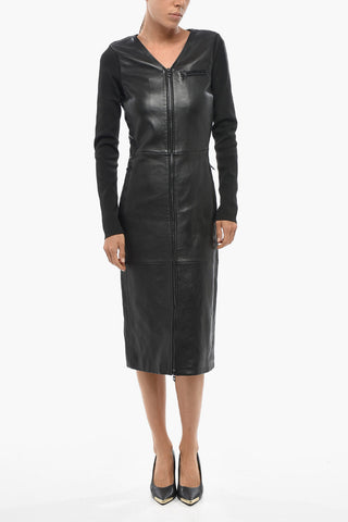 Leather and Ribbed Fabric Midi Dress L-OLA with Front Zip