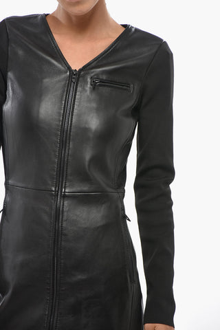 Leather and Ribbed Fabric Midi Dress L-OLA with Front Zip