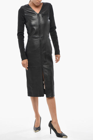 Leather and Ribbed Fabric Midi Dress L-OLA with Front Zip