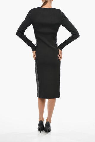 Leather and Ribbed Fabric Midi Dress L-OLA with Front Zip