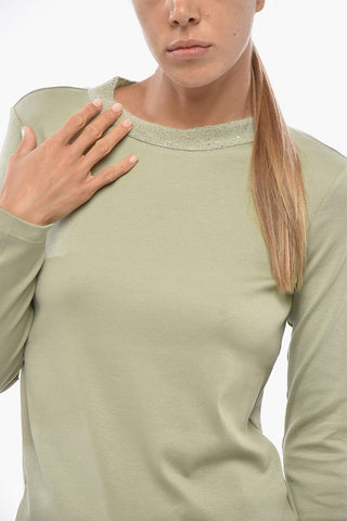 Ribbed Stretch Cotton T-Shirt with Collar Embellished with Micro Sequins