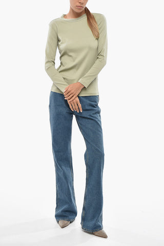 Ribbed Stretch Cotton T-Shirt with Collar Embellished with Micro Sequins