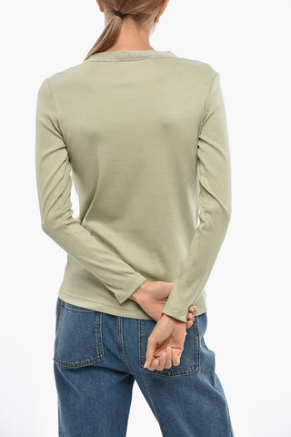 Ribbed Stretch Cotton T-Shirt with Collar Embellished with Micro Sequins