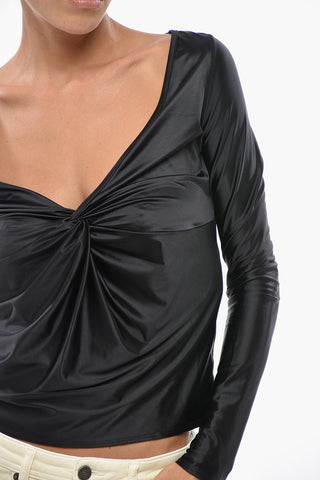 Langarm-Top T-KNOT Mit Tiefem V-Ausschnitt Und Raffungen