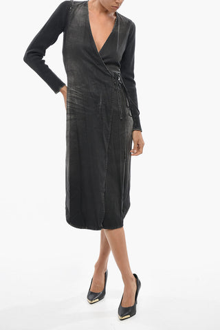 Denim And Ribbed-Fabric Midi Wrap Dress DE-OLA-S