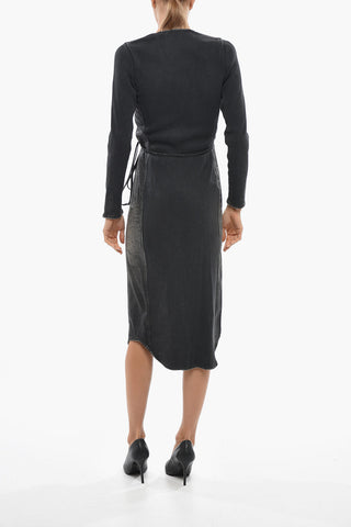 Denim And Ribbed-Fabric Midi Wrap Dress DE-OLA-S
