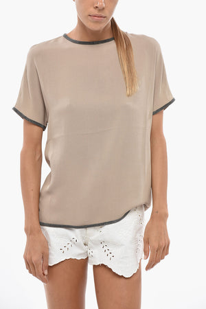 Silk-Blend Short-Sleeve Blouse with Rhinestone Trim