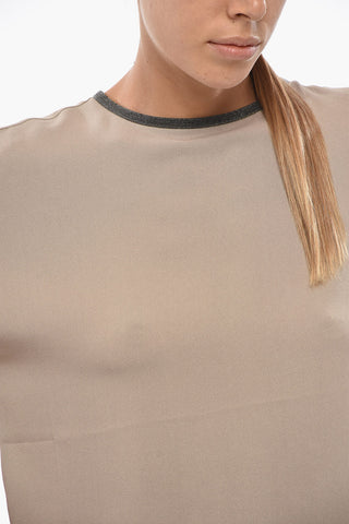 Silk-Blend Short-Sleeve Blouse with Rhinestone Trim