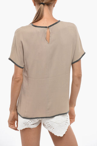 Silk-Blend Short-Sleeve Blouse with Rhinestone Trim