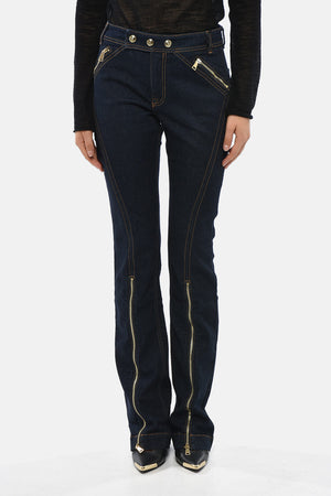 JEANS COUTURE Jeans in Denim Stretch con Bottoni Dorati e Zip alla Caviglia 22cm