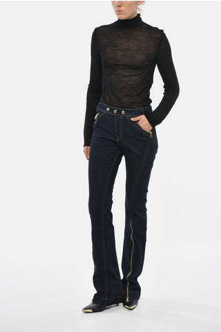 JEANS COUTURE Jeans in Denim Stretch con Bottoni Dorati e Zip alla Caviglia 22cm