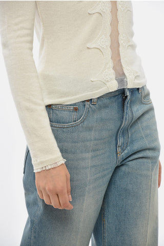 Wool Sweater with Wide Neckline and Tulle Details