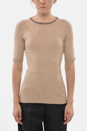 Maglia a Costine a Maniche Corte con Finitura in Lurex
