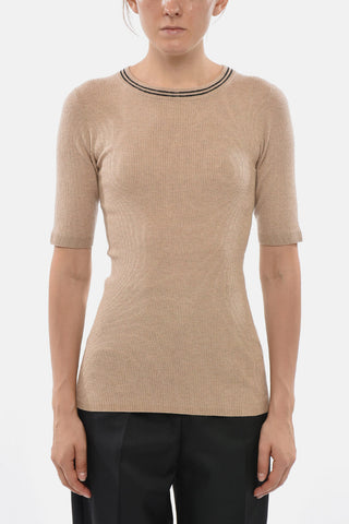 Maglia a Costine a Maniche Corte con Finitura in Lurex