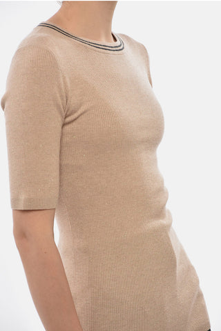 Maglia a Costine a Maniche Corte con Finitura in Lurex