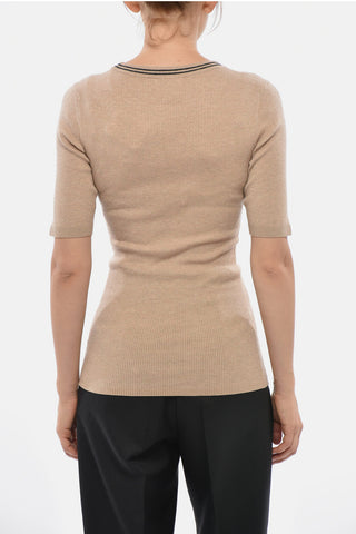 Maglia a Costine a Maniche Corte con Finitura in Lurex