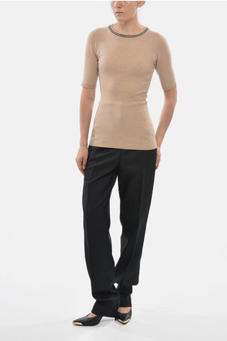 Maglia a Costine a Maniche Corte con Finitura in Lurex