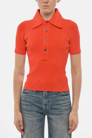Ribbed Short-Sleeve Sweater With Polo Collar