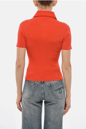 Ribbed Short-Sleeve Sweater With Polo Collar