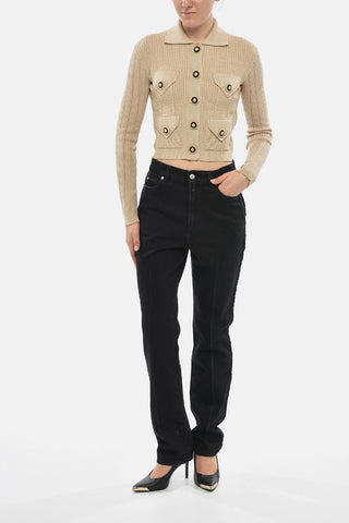 Ribbed Cropped-Fit Cardigan With Jewel Buttons