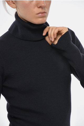 Pullover in Misto Lana a Collo Alto con Logo in Metallo Dorato