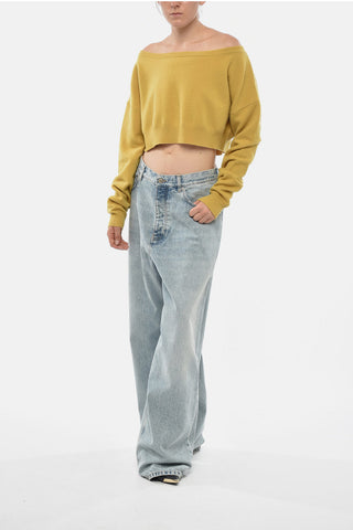 Maglia Cropped Fit in Misto Cashmere con Scollo a Barca
