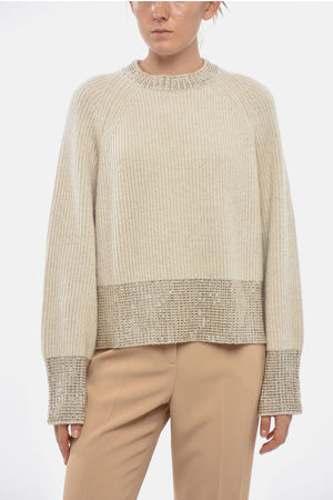 Maglia Girocollo in Lana a Costine Impreziosita da Strass