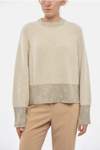Maglia Girocollo in Lana a Costine Impreziosita da Strass